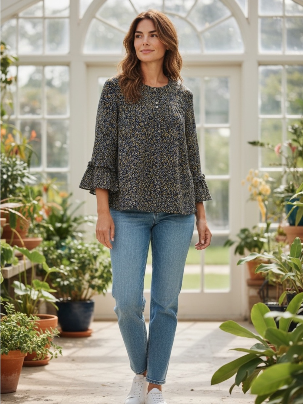 Anthropologie Navy and Mustard Floral Blouse Women's 3/4 Sleeve top size medium - Picture 1 of 10